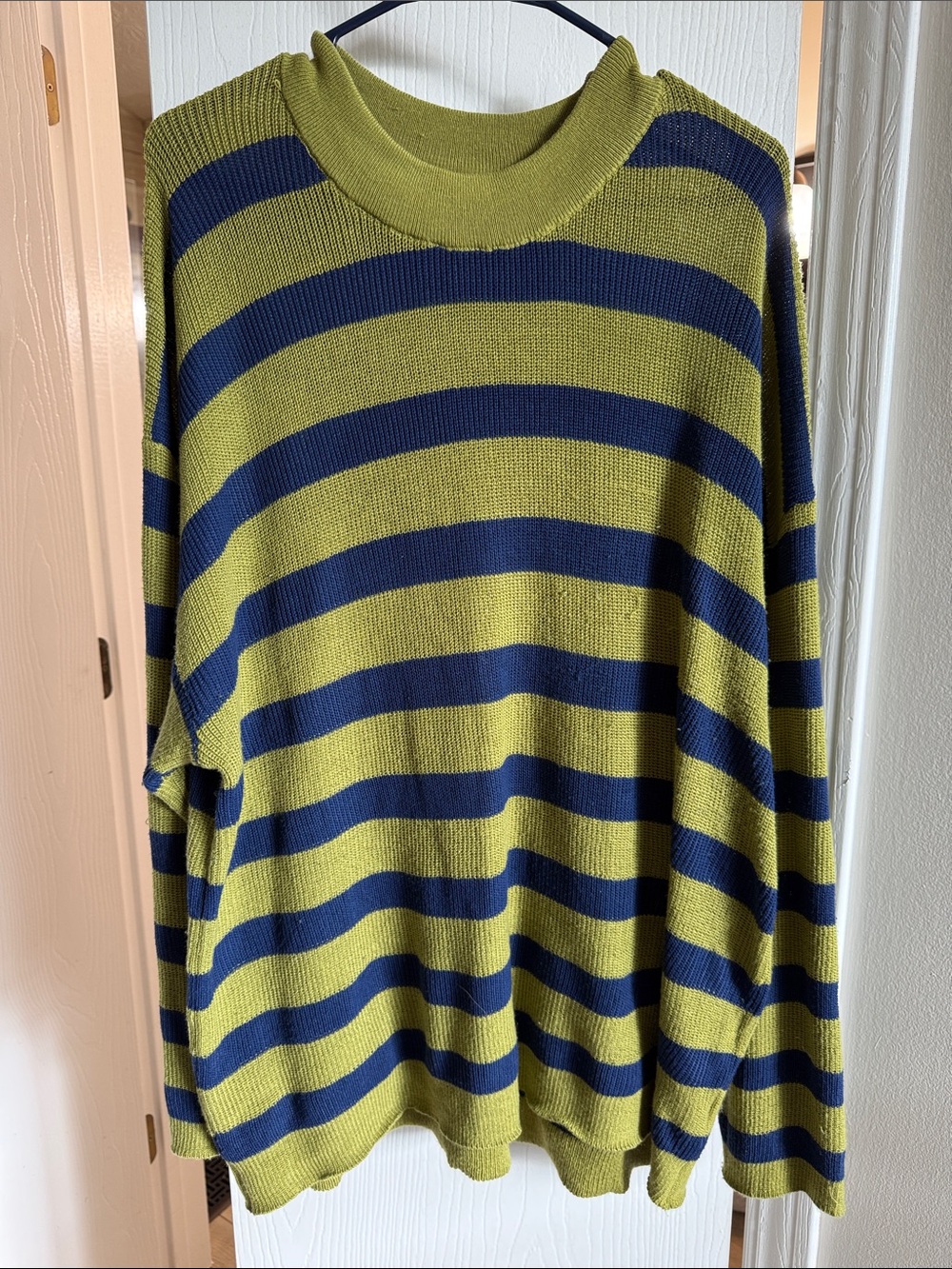 Oversized Olive Green and Navy Striped Crewneck Sweater
